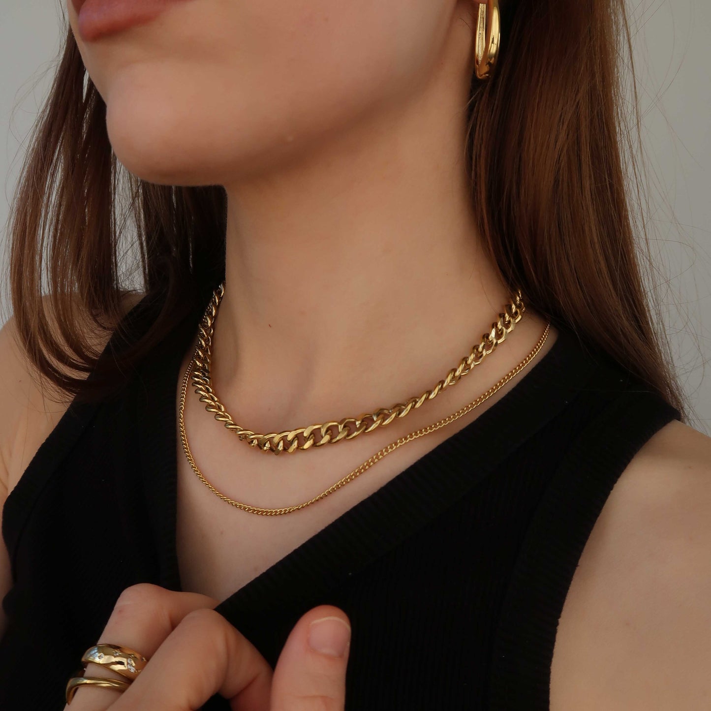 Gold Double Layered Chain Necklace - Stainless Steel (Curb Chains)