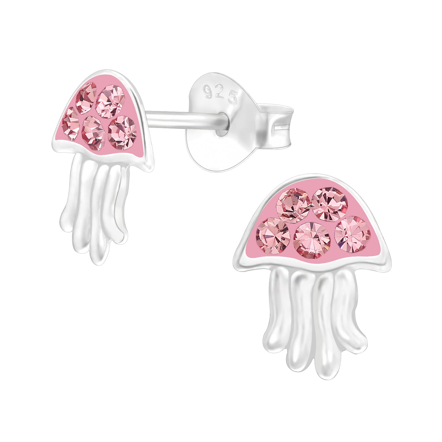 Jellyfish-shaped earrings with pink gemstones on a white background