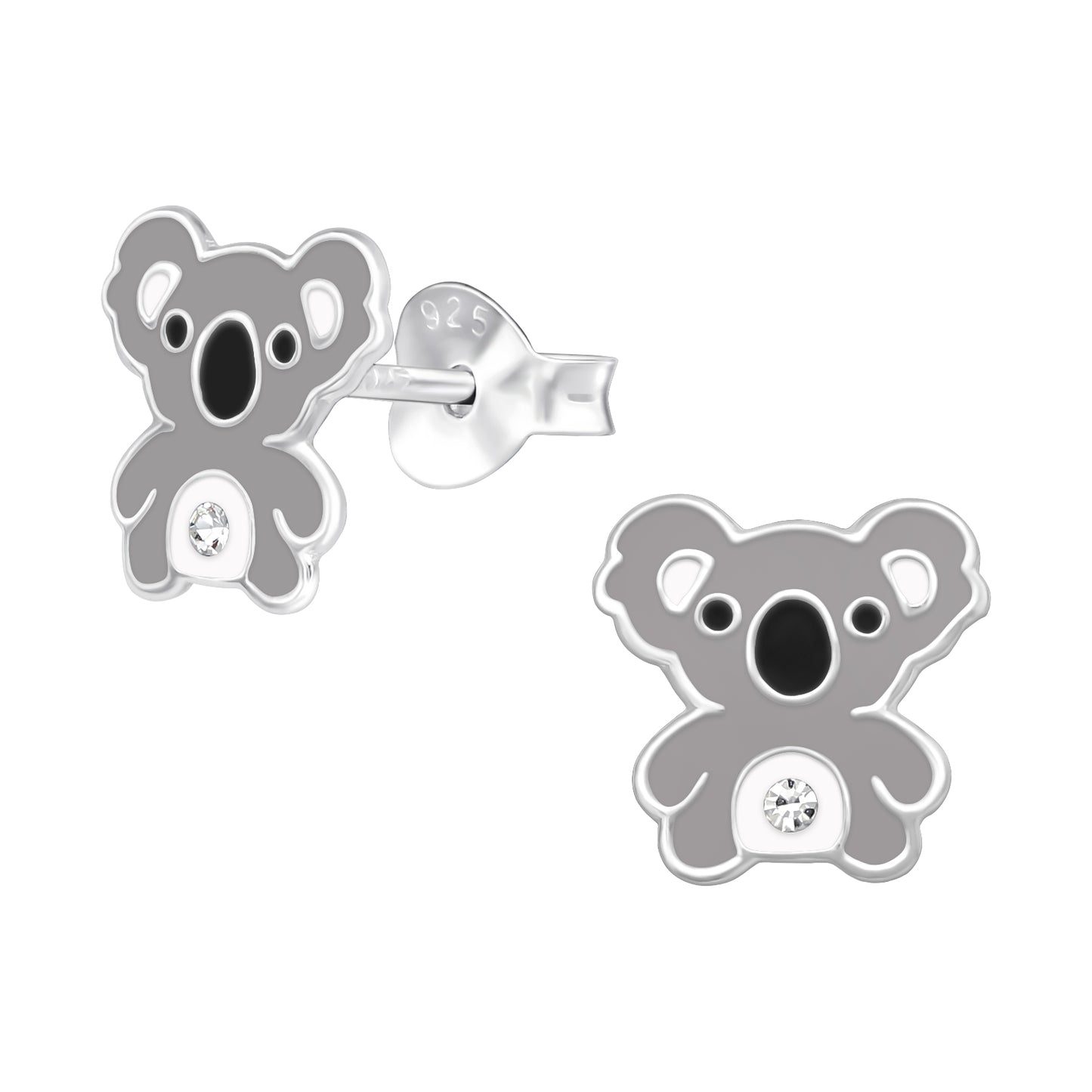 Silver koala bear earrings with clear gemstones on a white background
