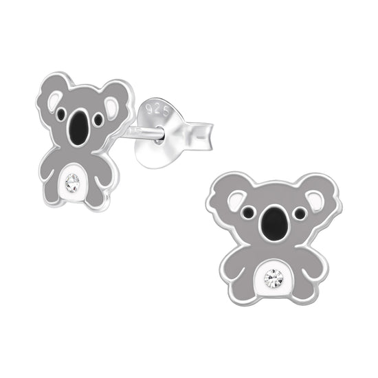 Silver koala bear earrings with clear gemstones on a white background