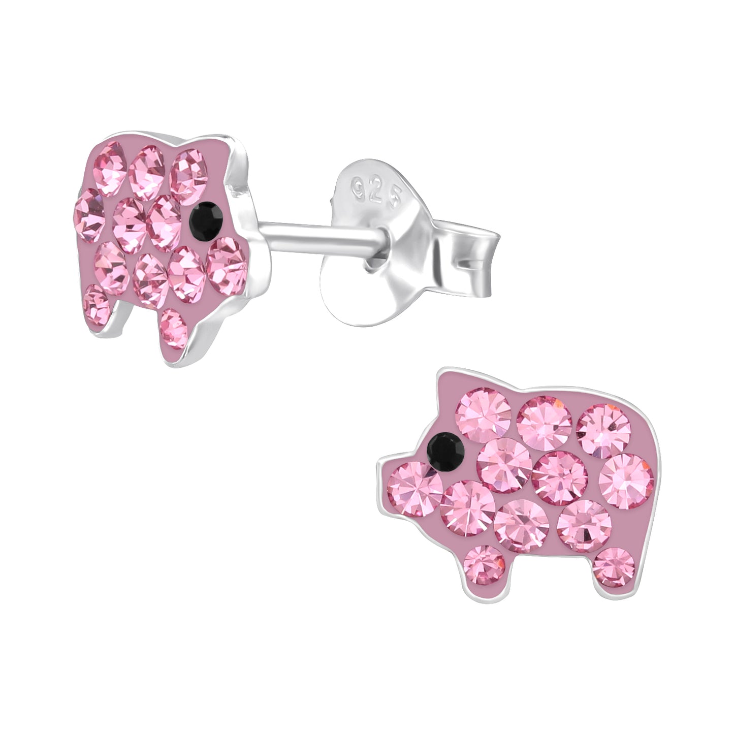 Pink pig-shaped earrings with clear gemstones on a white background