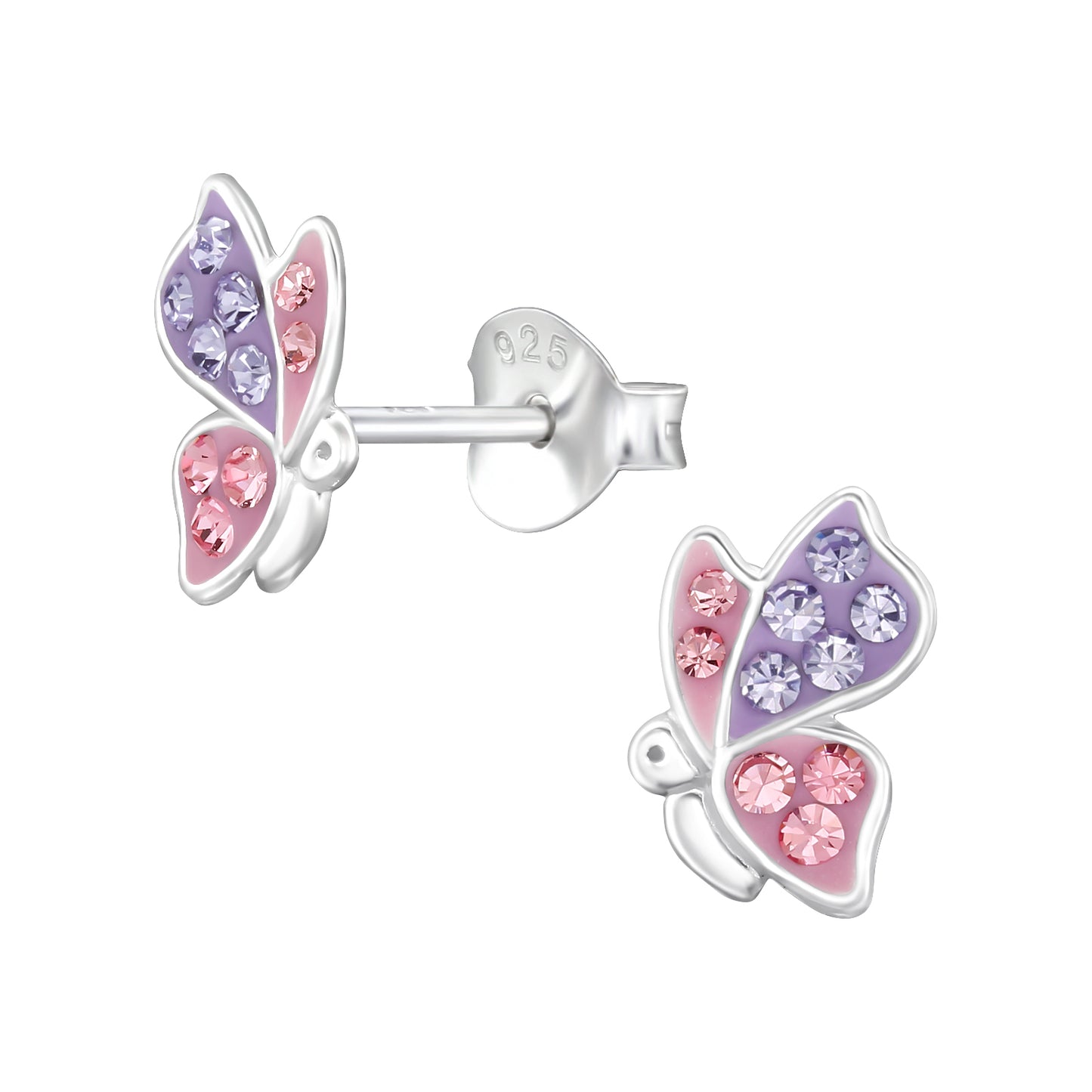 Butterfly-shaped earrings with pink and purple gemstones on a white background