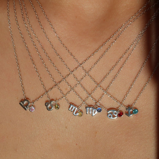 Star Sign Necklace with Birthday Birthstone, Sterling Silver Astrology