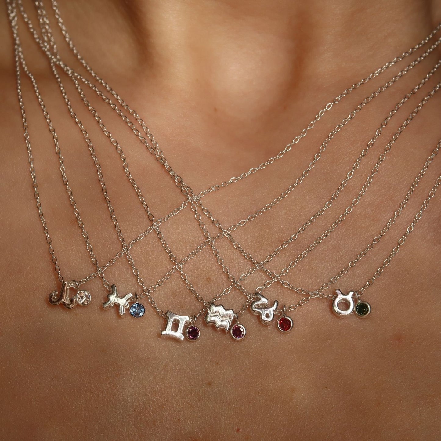 Zodiac Sign Necklace with Birthday Birthstone, Sterling Silver Astrology