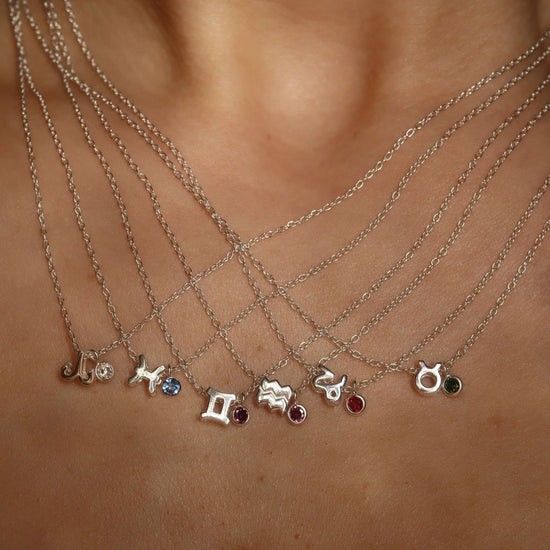 Zodiac Sign Necklace with Birthday Birthstone, Sterling Silver Astrology