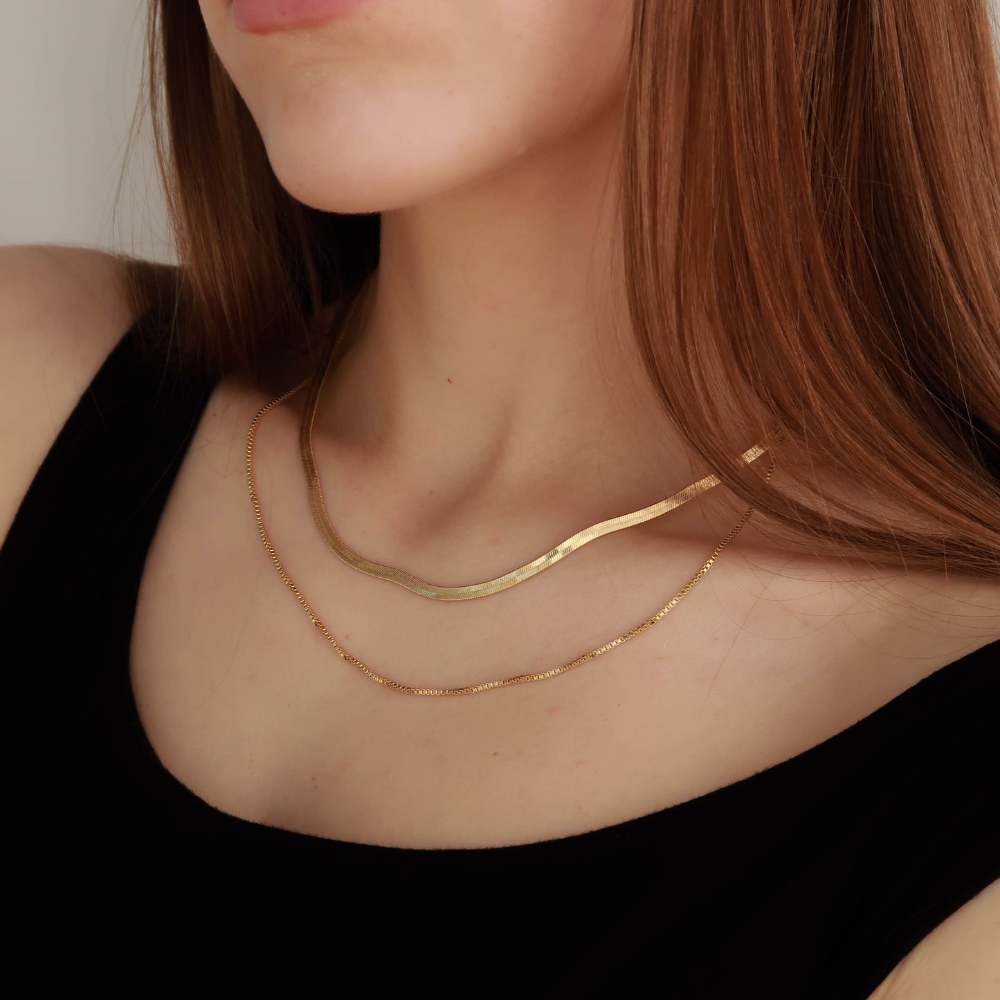 GOLD FLAT SNAKE AND BOX CHAIN LAYERED NECKLACE (high shine finish)