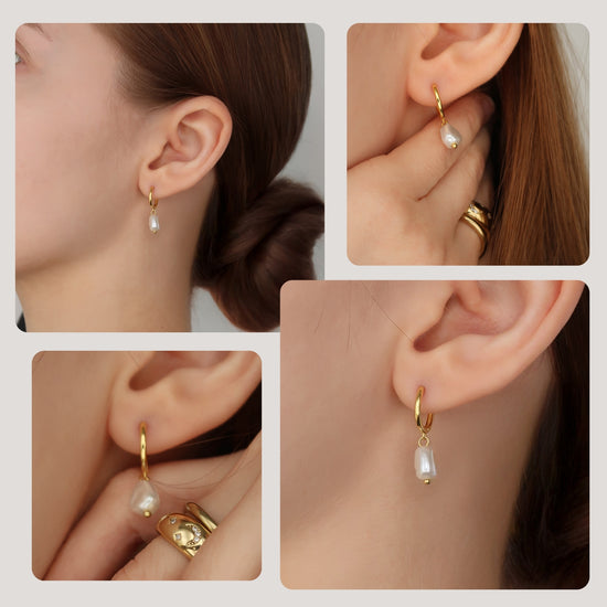 DROP PEARL - Yellow Gold Huggie Earrings (Sterling Silver)