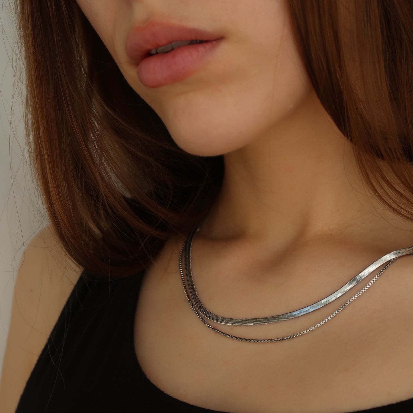 SILVER DOUBLE LAYERED NECKLACE - Flat Snake Chain & Box Chain