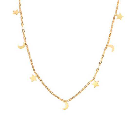 Gold Dainty Necklace, Moon Star Chain