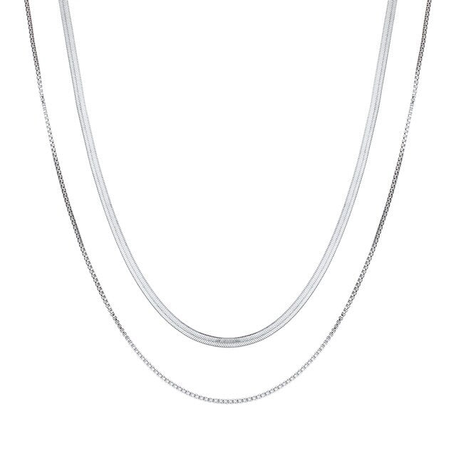 SILVER DOUBLE LAYERED NECKLACE - Flat Snake Chain & Box Chain