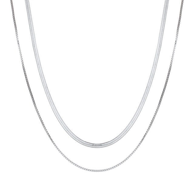 SILVER DOUBLE LAYERED NECKLACE - Flat Snake Chain & Box Chain