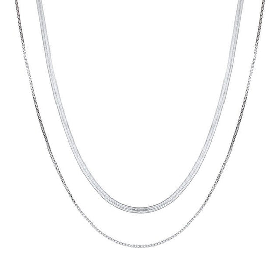 SILVER DOUBLE LAYERED NECKLACE - Flat Snake Chain & Box Chain