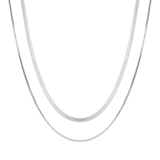 SILVER DOUBLE LAYERED NECKLACE - Flat Snake Chain & Box Chain