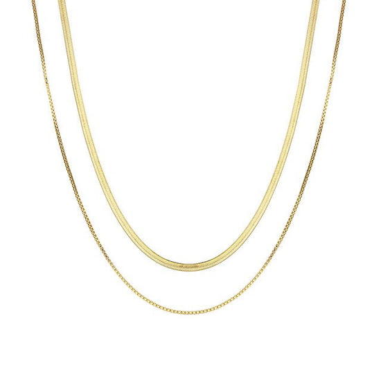 GOLD FLAT SNAKE AND BOX CHAIN LAYERED NECKLACE (high shine finish)