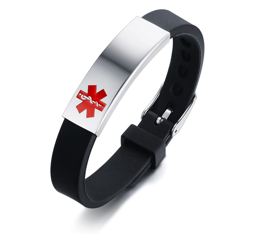 BLACK SILICONE MEDICAL ID BRACELET - Stainless Steel Medical Alert Bracelet