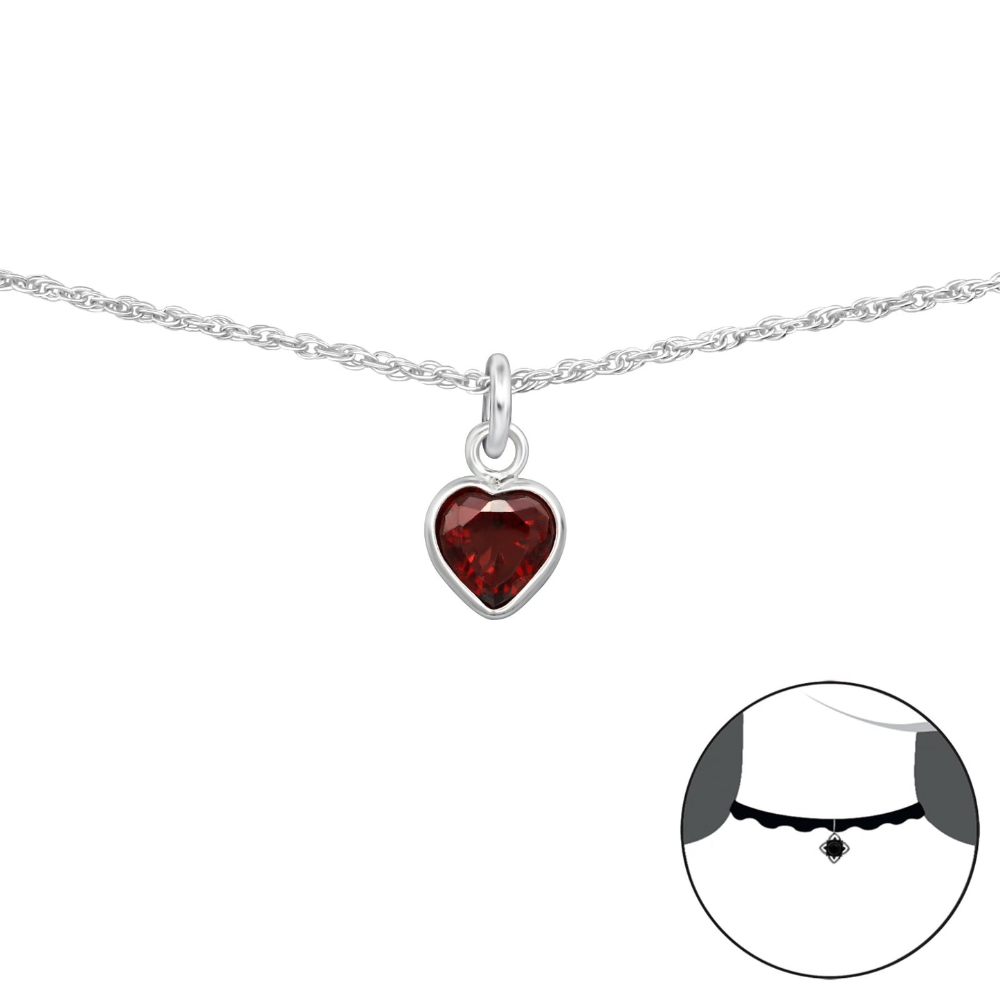 Cubic Zirconia Red Heart Charm Necklace: Sterling Silver Jewellery for Girls