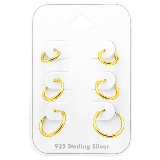 14k Gold Plated Sleeper Huggie Hoops: Set of 3 Sterling Silver Earrings