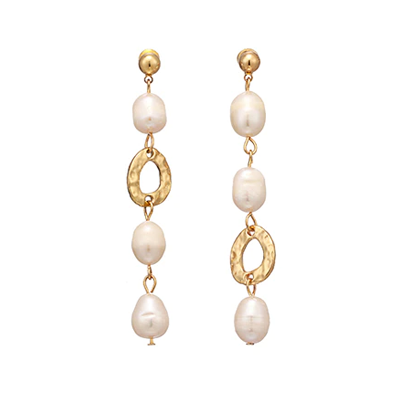 Long Hanging Pearl Drop Earrings in Gold (Imitation Pearl)