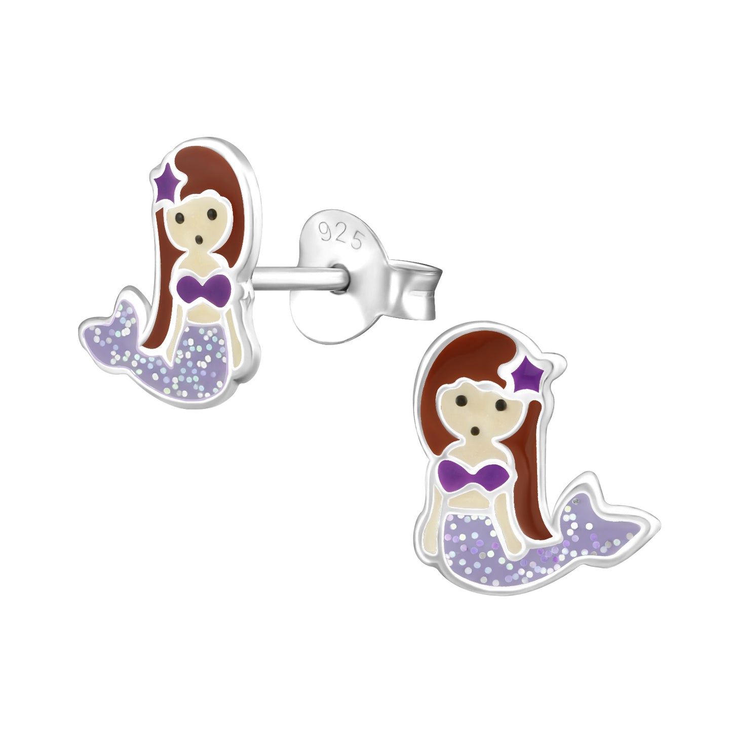 Brown Hair Mermaid with Glitter Purple Tail: Children's Earrings made from sterling silver. Brown Hair Brunette Mermaid with Purple Sparkly glitter tail