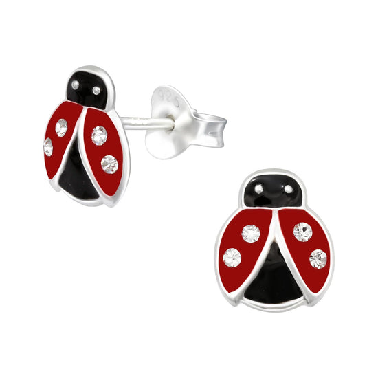 Kid's Ladybug Earrings - Red & Black Sterling Silver Studs