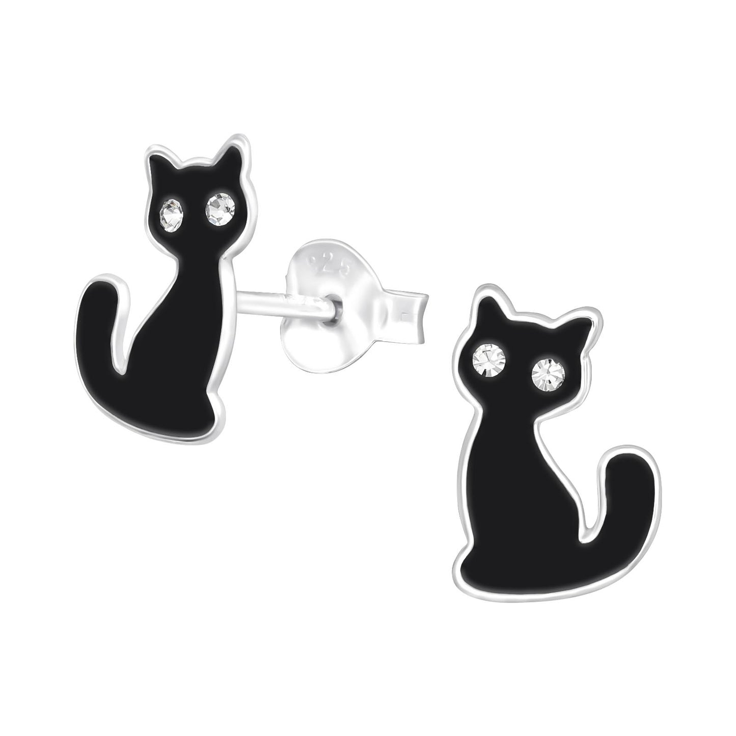 BLACK CAT STUDS - Kid's Shiny Sterling Silver Earrings