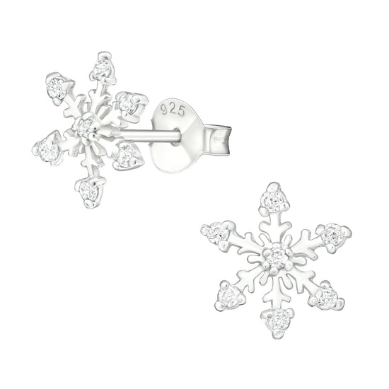 Snow Flake Winter Sterling Silver Earrings with Sparkling Cubic Zirconia Crystals