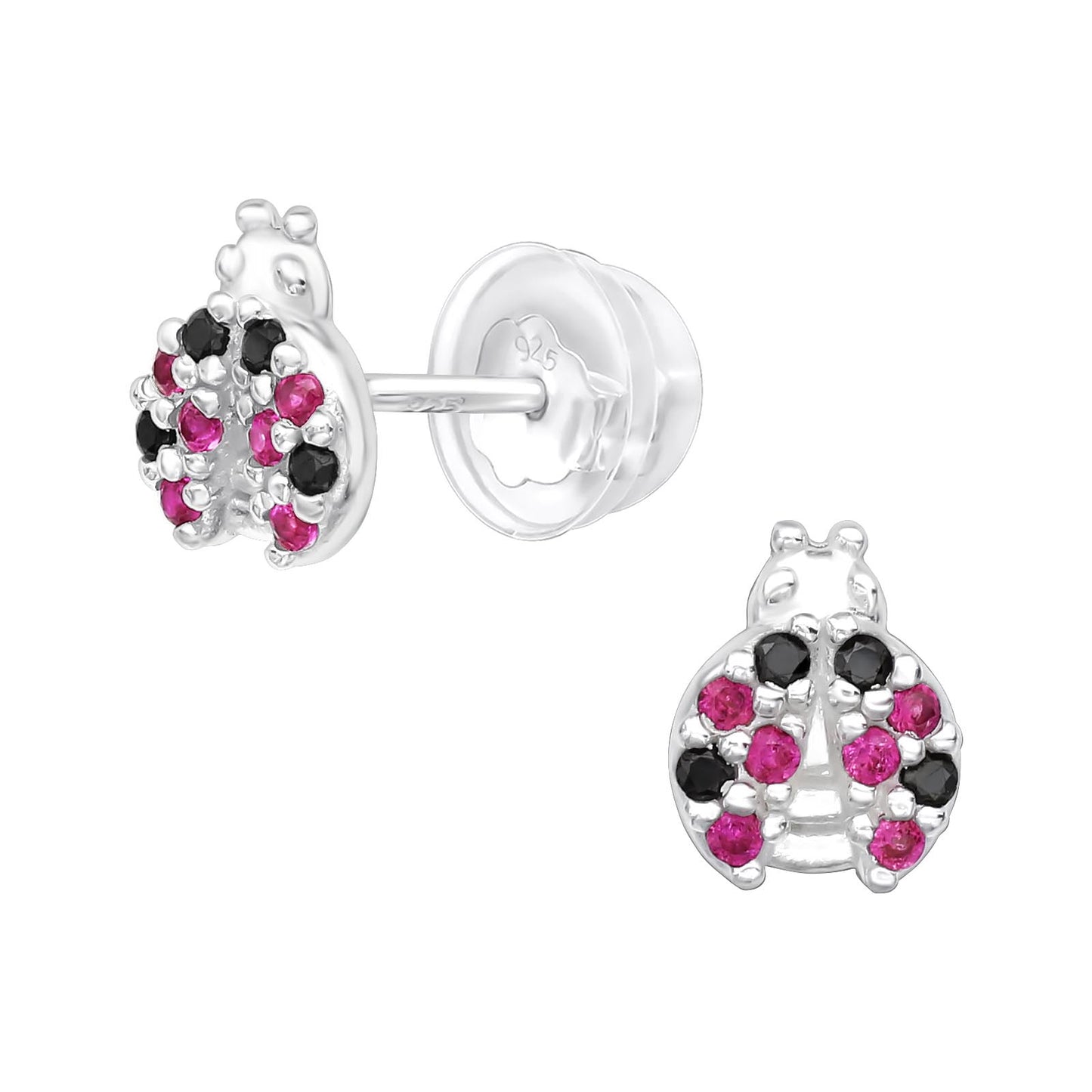 Premium Kid's Ladybug Ear Studs - Silver Plated on Sterling Silver (Cubic Zirconia)