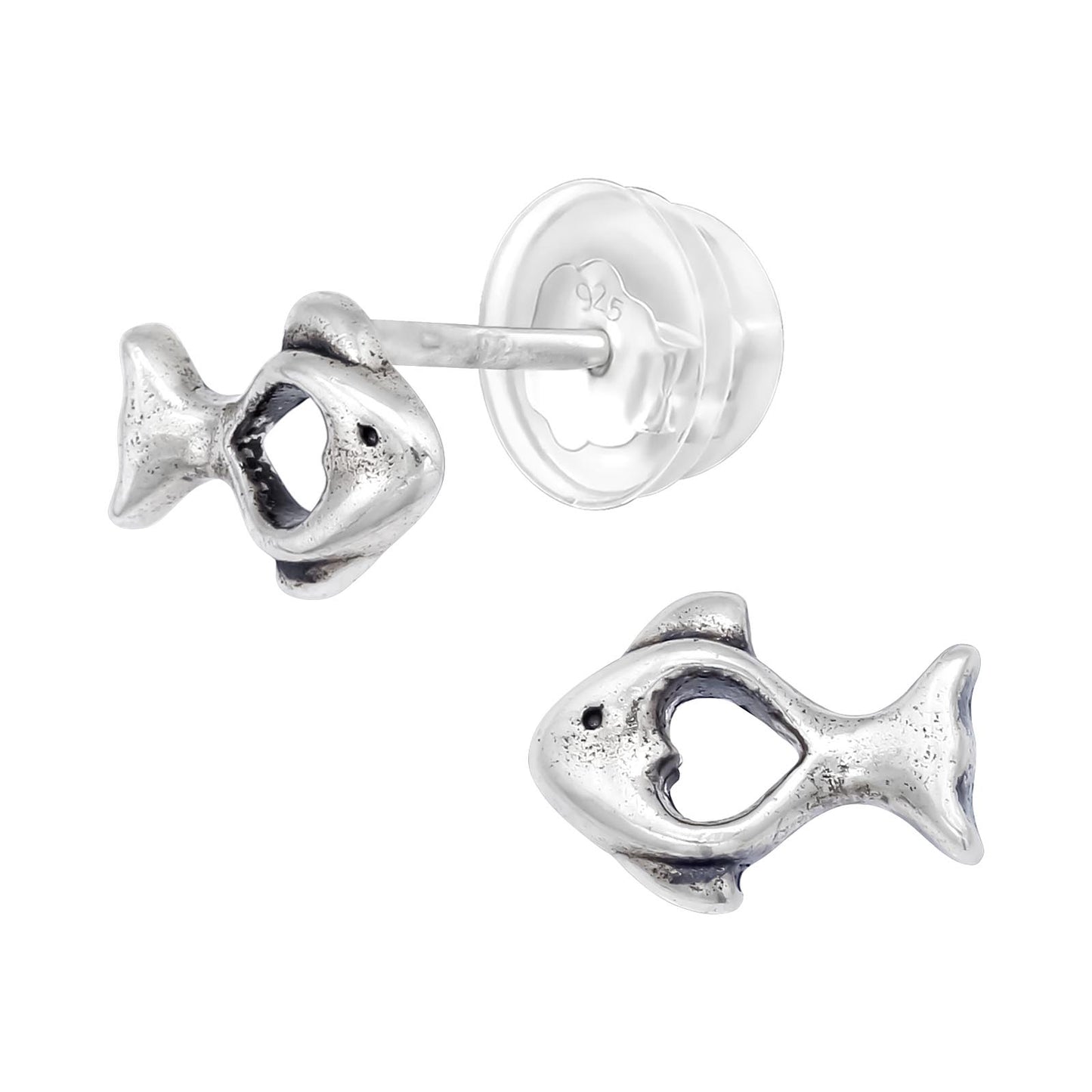 Children's Fish Stud Earrings - Oxidised Sterling Silver