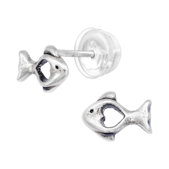 Children's Fish Stud Earrings - Oxidised Sterling Silver