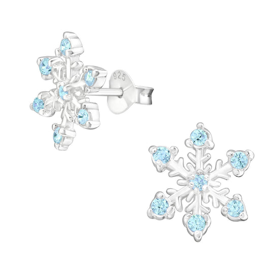 BLUE FROSTED SNOWFLAKE STUDS - 925 Sterling Silver Earrings (Cubic Zirconia)