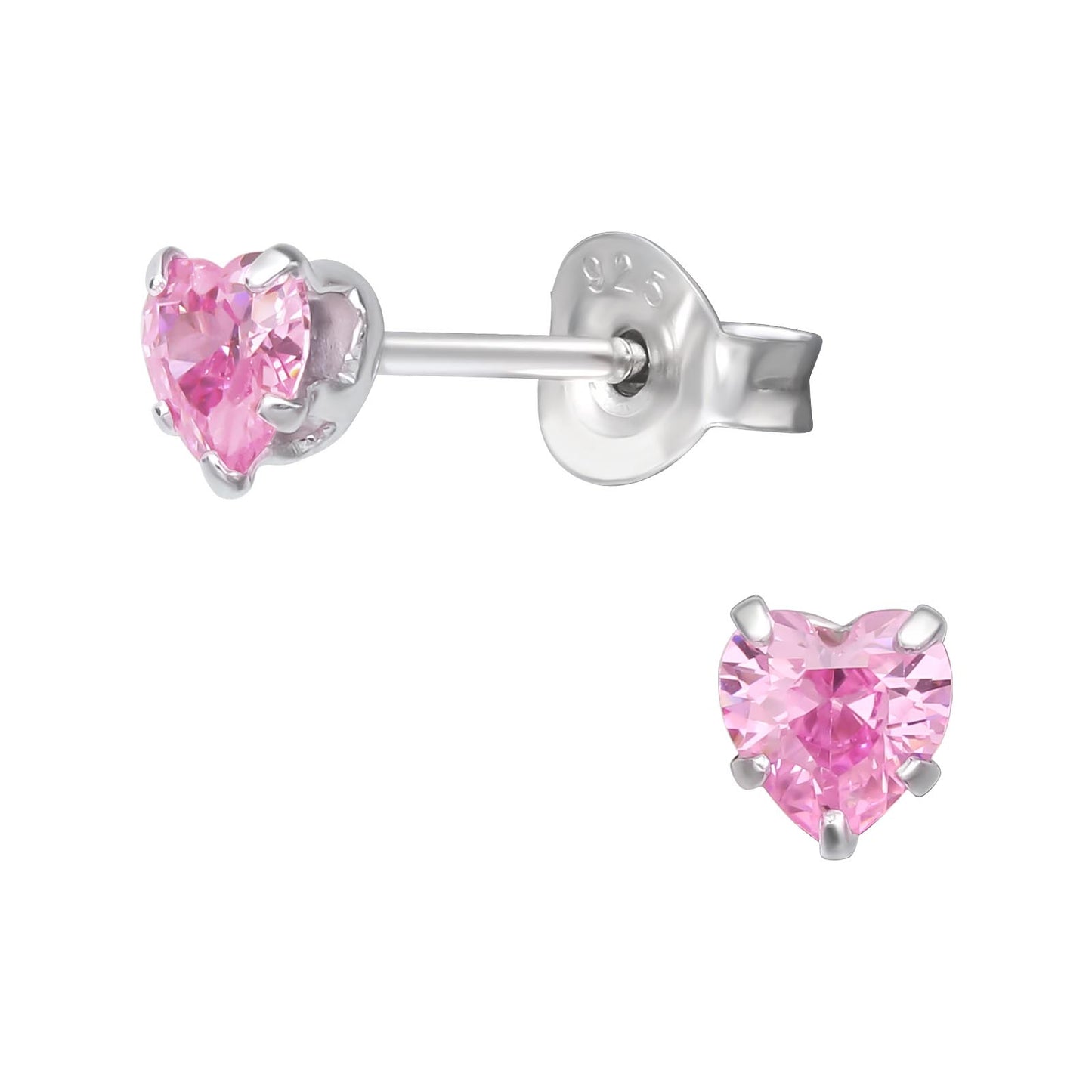 Sparkly Pink Heart Crystal Studs for Girls - Rhodium Plated Sterling Silver Earrings