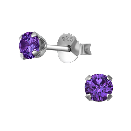 Rhodium Plated 4mm Purple Cubic Zirconia Studs Earring
