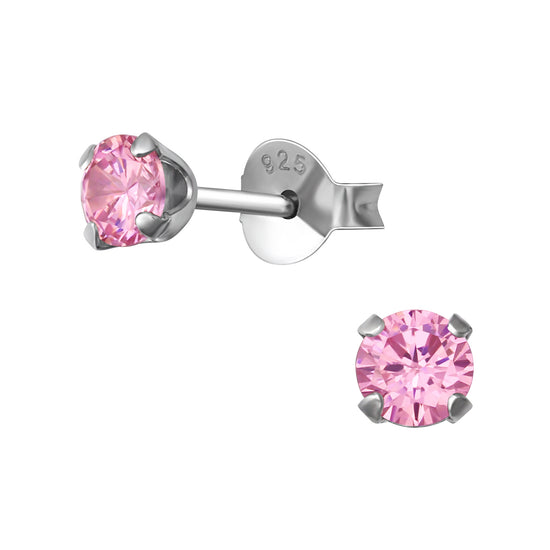 Rhodium Plated 4mm Pink Cubic Zirconia Studs Earring