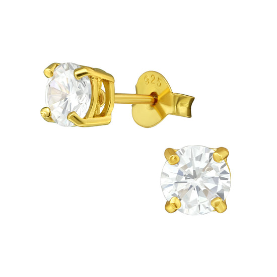 Real 14k 14 carat 14 carot Gold Plated Sterling Silver Crystal Stud Earrings. Clear Crystal