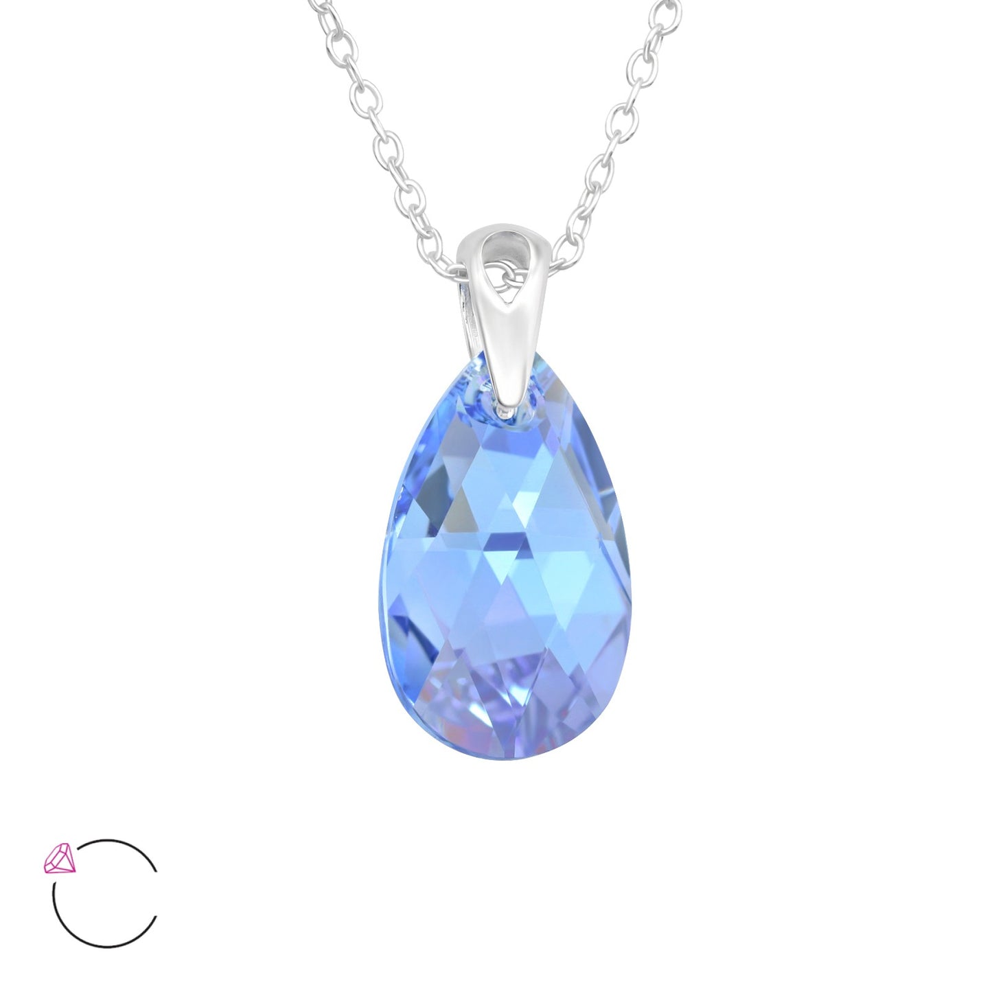 Blue European Crystal Pendant - Sterling Silver Necklace