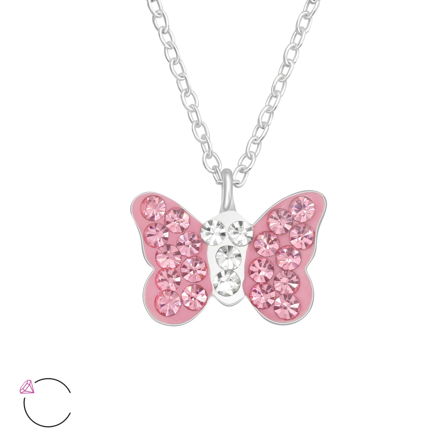KIDS PINK BUTTERFLY NECKLACE- Shiny Diamanté Crystals on Sterling Silver