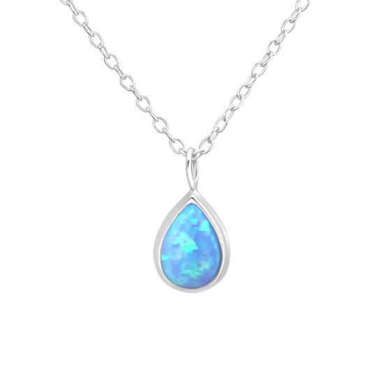 Blue Iridescent Opal Necklace - Silver Plated on Genuine Sterling Silver