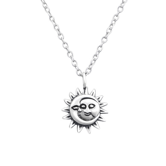 MOON SUN FACE NECKLACE - Silver Plated over Oxidised Sterling Silver