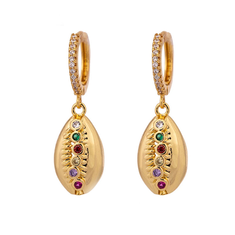 Gold Pave Shell - Small Drop Hoop Earrings (Gold-toned Copper)