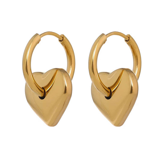 Gold Heart Charm Huggie Hoops - Stainless Steel Earrings
