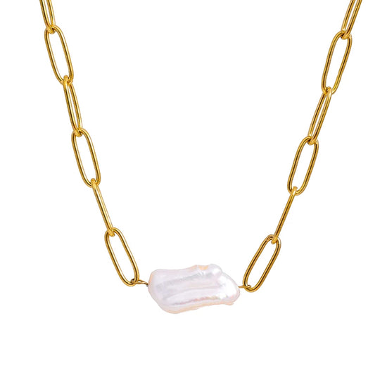 Gold Paperclip Pearl Necklace - Gold Oval Cable Chain (42cm)