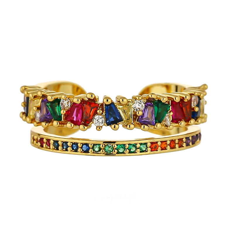 Rainbow Gold Ring - Multi Coloured Crystal Gems (adjustable)