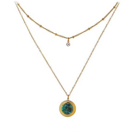 Green Stone Pendant: Women's Gold Double Layered Necklace