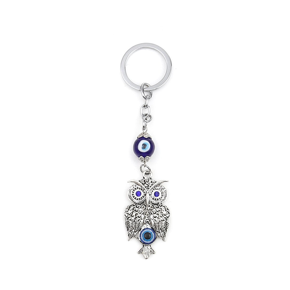 Silver Owl Key Ring - Blue Evil Eye Protection Symbol