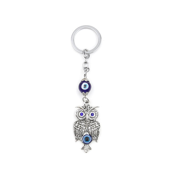 Silver Owl Key Ring - Blue Evil Eye Protection Symbol