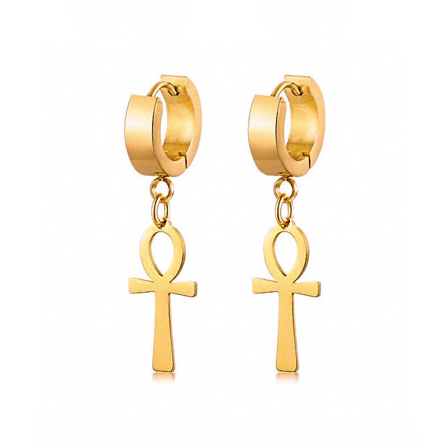 "Gold Ankh Huggies" - Egyptian Symbol of Life Earrings (Stainless Steel)