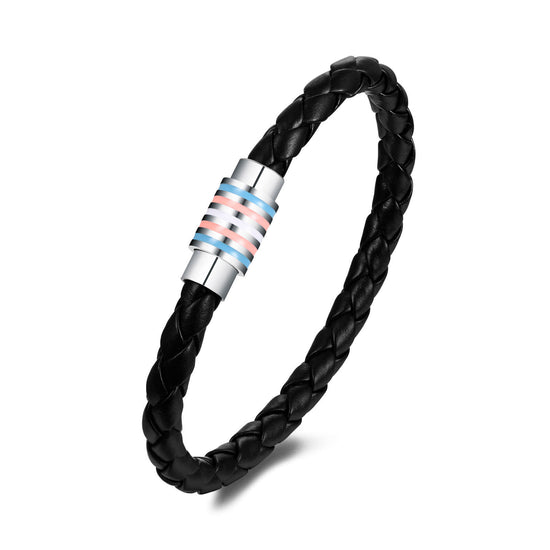 LGBTQ+ Trans Flag Bracelet (black braided leather)