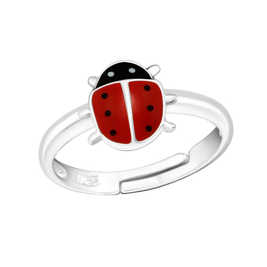 Kid's adjustable lady bug ring, red black, sterling silver.