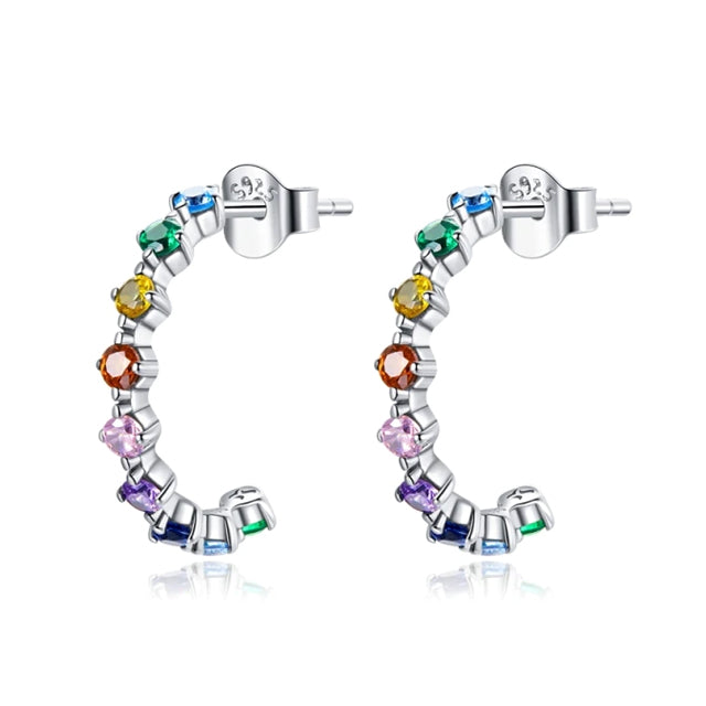 Sterling Silver Rainbow Half Hoops - Cubic Zirconia Crystal Earrings