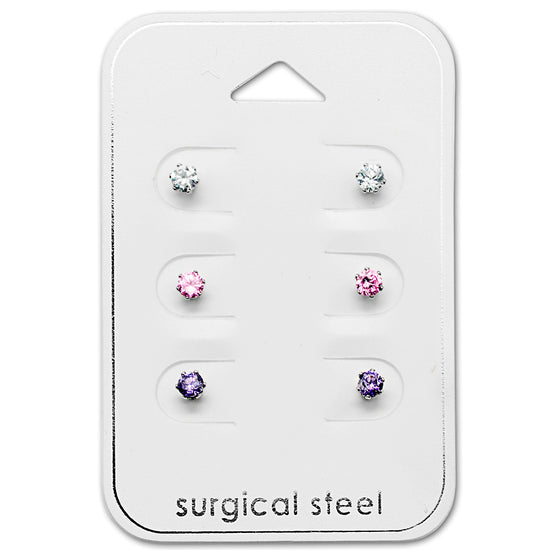Surgical Steel Stud Earrings (3 PACK) - Pink, Purple & Clear